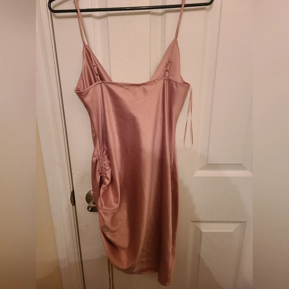 Lovely Day Ruched Drawstring Cowl Neck Dress Satin Adjustable Straps Baby  Pink - Picture 3 of 5